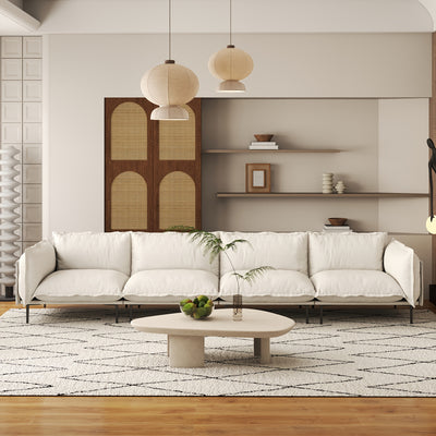 Modern Minimalist 4-Seater Modular Sectional Sofa - 147" Deep Seat Cloud Couch with Plush Chenille Upholstery, Hardwood Frame & Cushioned Backrest, White Fabric for Living Room, Bedroom, Office - No Assembly Required, Section