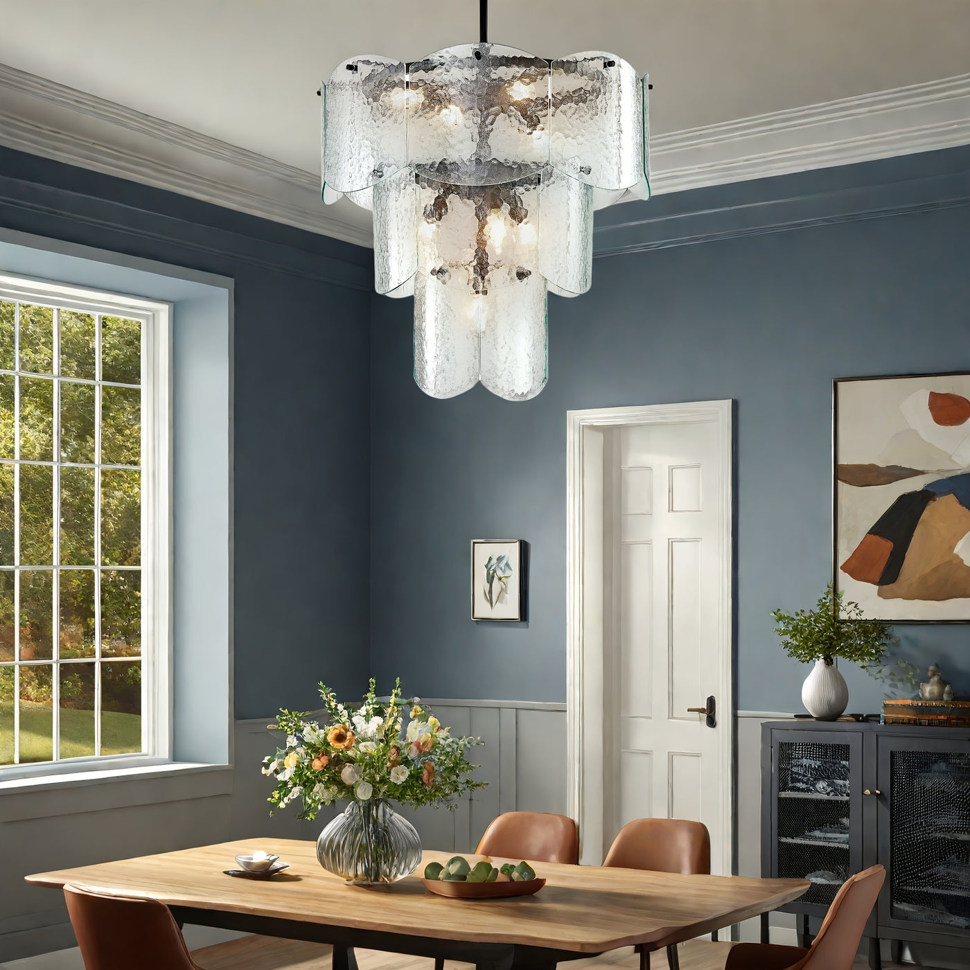 24" Modern Golden Chandelier with 8 Light Bulbs - Adjustable Round Glass Pendant for Dining Room, Kitchen Island, or Farmhouse Decor, Rustic Lighting Fixture with Polished Metal Finish, E12 Base, Compatible with LED/CFL Bulbs