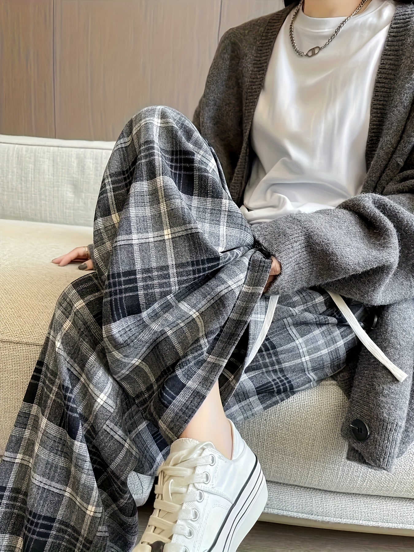 Women's Black & White Plaid Wide-Leg Pants - All-Season Loose Trousers with Drawstring Waist, Non-Transparent Casual Everyday & Formal Outfits, Machine Washable Elegant Pants for Women, Comfortable Clothing, Korean Fashion St