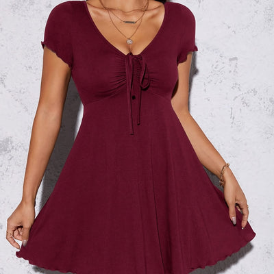 Elegant Women'S Summer Knit Dress - Slim Fit, V-Neck, Short Sleeve with Front Knot Detail, Black, Perfect for Casual or Stylish Outfits