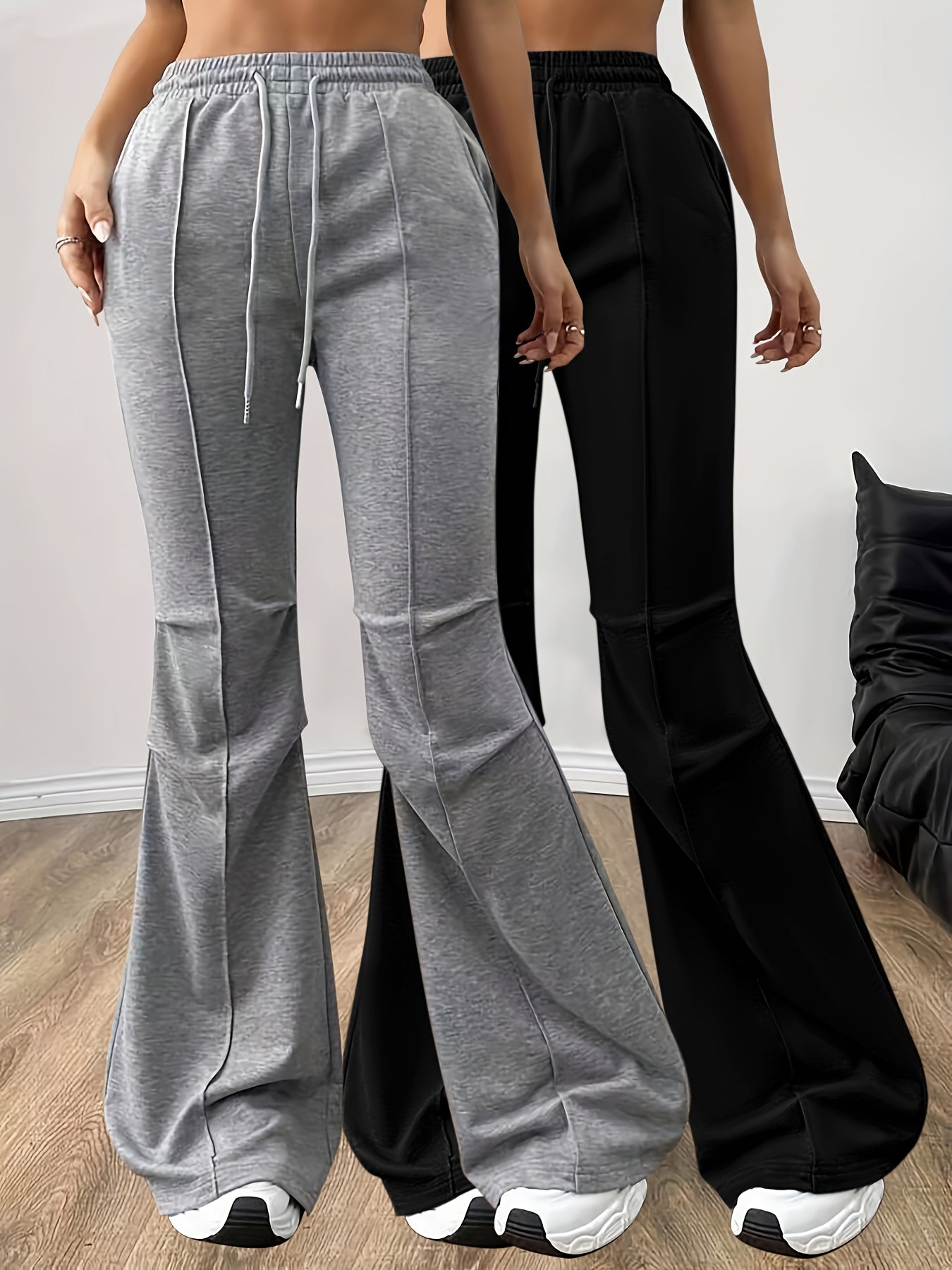 Solid Color Casual Pants Set, High Waist Drawstring Flare Pants Outfit for Women