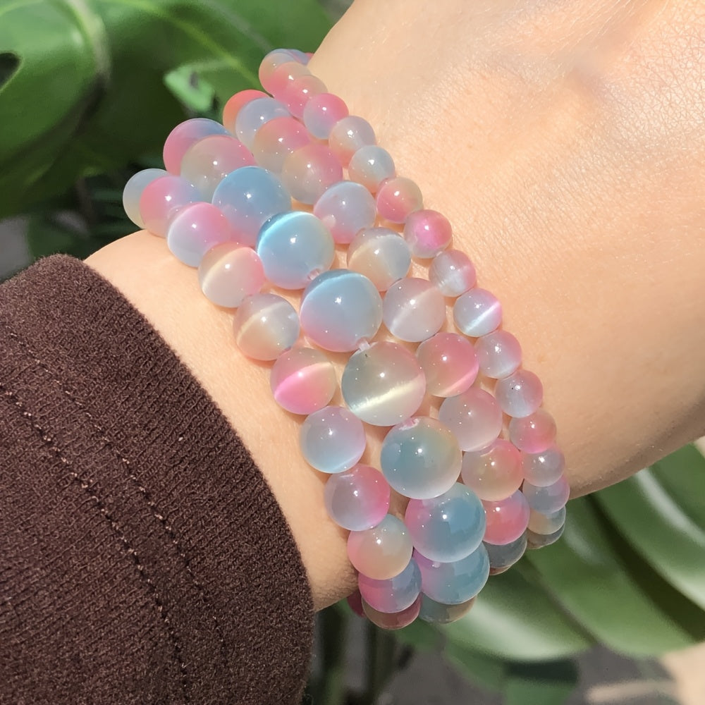 15 Inch Strand 6/8/10mm Pastel Gradient Cat's Eye Stone Beads - Iridescent Play-of-Color Loose Spacer Beads for Jewelry Making, DIY Bracelets & Necklaces, Japanese-Korean Style Lustrous Finish Beads for Crafting, Holiday Gift