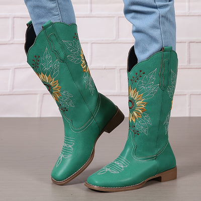 [Mid Calf Embroidered Western Boots] Women's Embroidered Mid Calf Western Boots, Faux Leather Fashion Boots, Women's Footwear