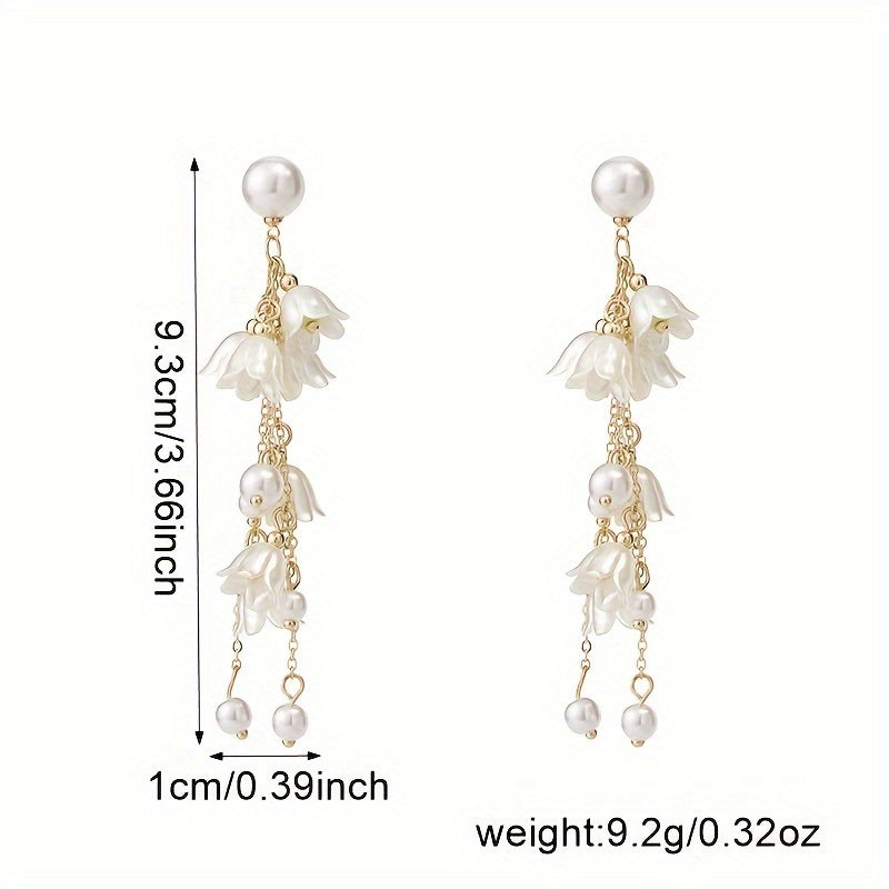1 Pair Elegant Korean-Style Lily of the Valley Dangle Earrings with Imitation Pearls, Long Chain Drop Earrings for Women, Suitable for Daily Wear and Banquets, Plastic Material