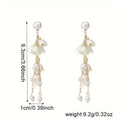 1 Pair Elegant Korean-Style Lily of the Valley Dangle Earrings with Imitation Pearls, Long Chain Drop Earrings for Women, Suitable for Daily Wear and Banquets, Plastic Material