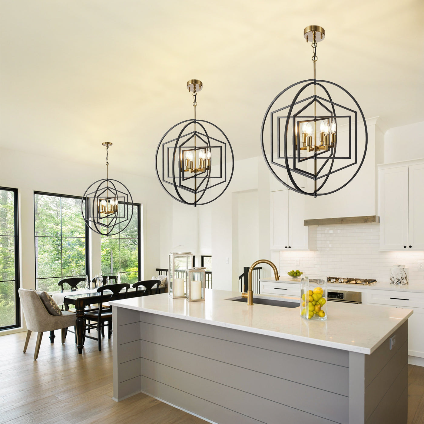 26" Farmhouse Chandelier, 6 Light Black And Golden Chandelier, Large Chandeliers For High Ceilings, Round Pendant Lights For Living Room, Staircase