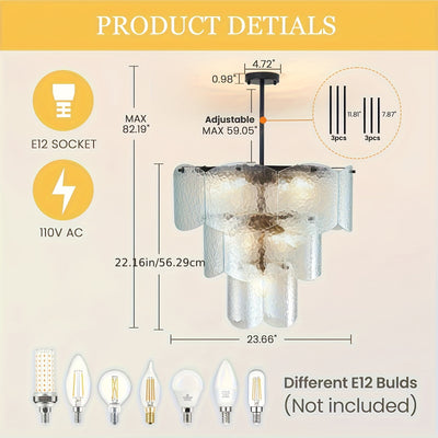 24" Modern Golden Chandelier with 8 Light Bulbs - Adjustable Round Glass Pendant for Dining Room, Kitchen Island, or Farmhouse Decor, Rustic Lighting Fixture with Polished Metal Finish, E12 Base, Compatible with LED/CFL Bulbs