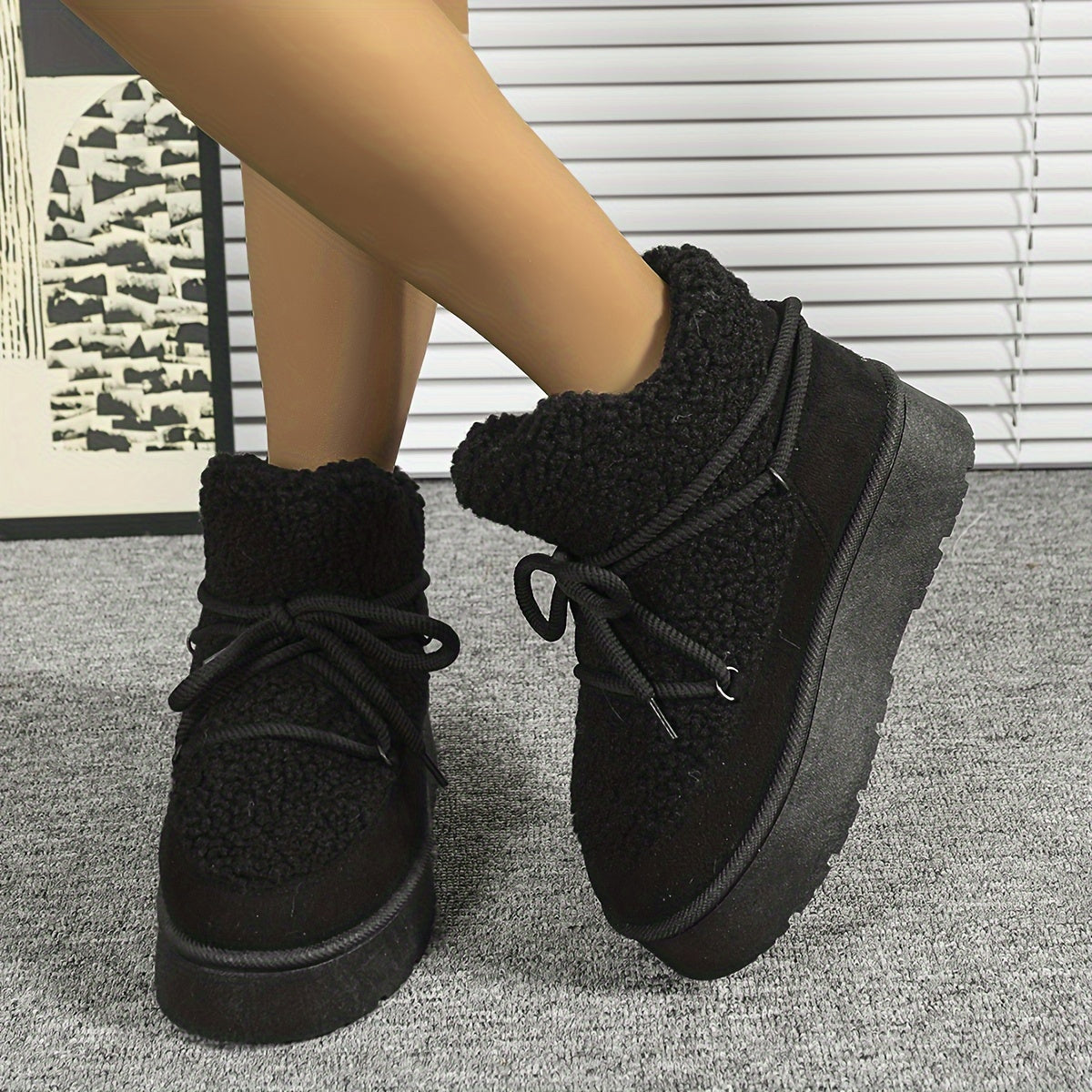 [Coldweather Ready] Women's Cozy Fleece-Lined Winter Snow Boots - Stylish Thick Sole Lace-Up Ankle Boots with Fluffy Fur Trim, Perfect for Cold Weather, Winter Boots