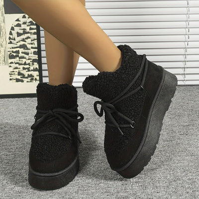 [Coldweather Ready] Women's Cozy Fleece-Lined Winter Snow Boots - Stylish Thick Sole Lace-Up Ankle Boots with Fluffy Fur Trim, Perfect for Cold Weather, Winter Boots