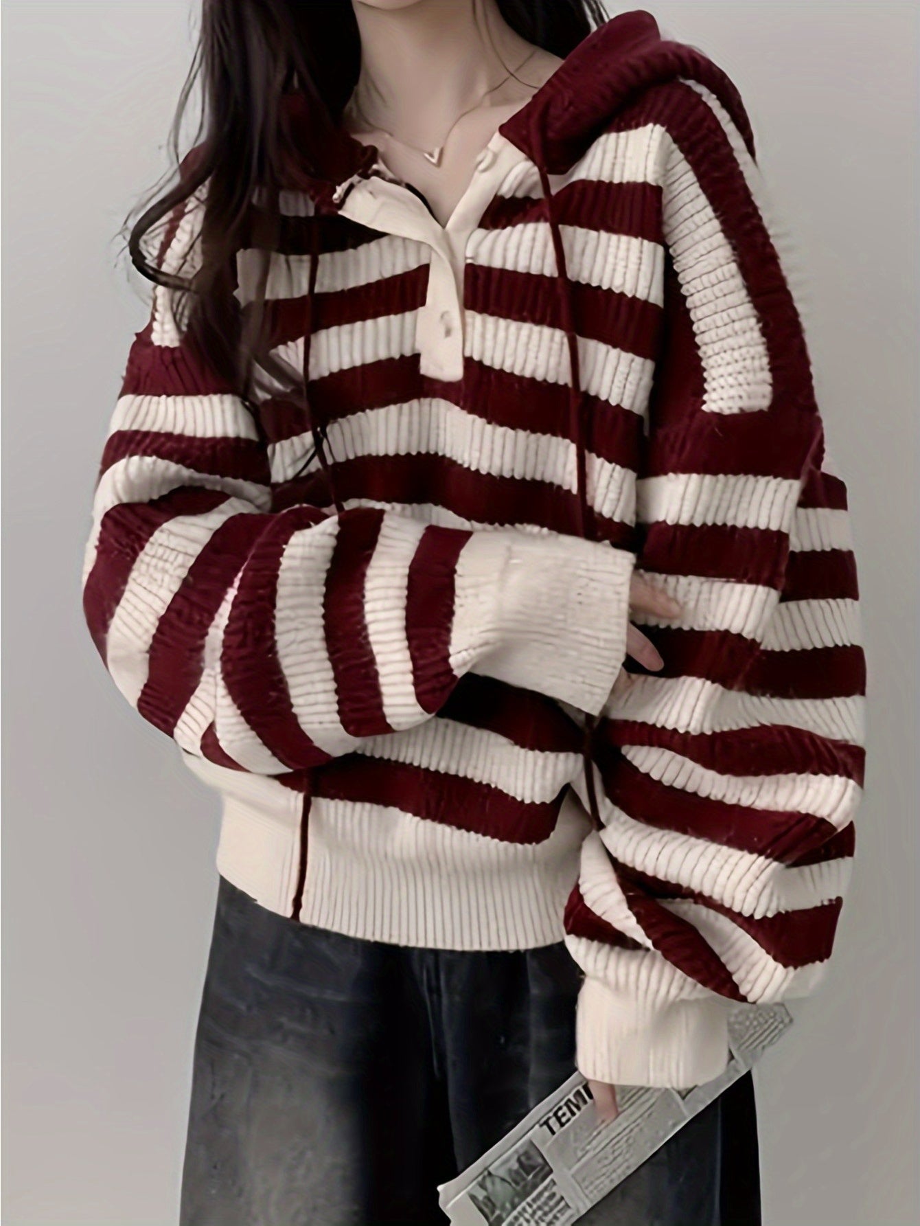 Women'S Oversized Striped Hooded Sweater - Cozy Long Sleeve Pullover with Burgundy & White Horizontal Stripes, Soft Fabric for Fall Winter Casual Chic Outfits, Sweater Hoodie, Autumn Wardrobe Essential, Comfortable Clothing,