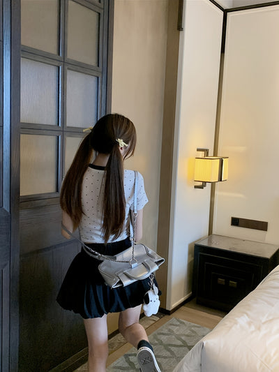 Summer Short Sleeve Cotton T-Shirt for Women - Fashionable Commute Style with Round Neckline, Knit Fabric, and Polka Dot Pattern - Japanese and Korean Series Collection