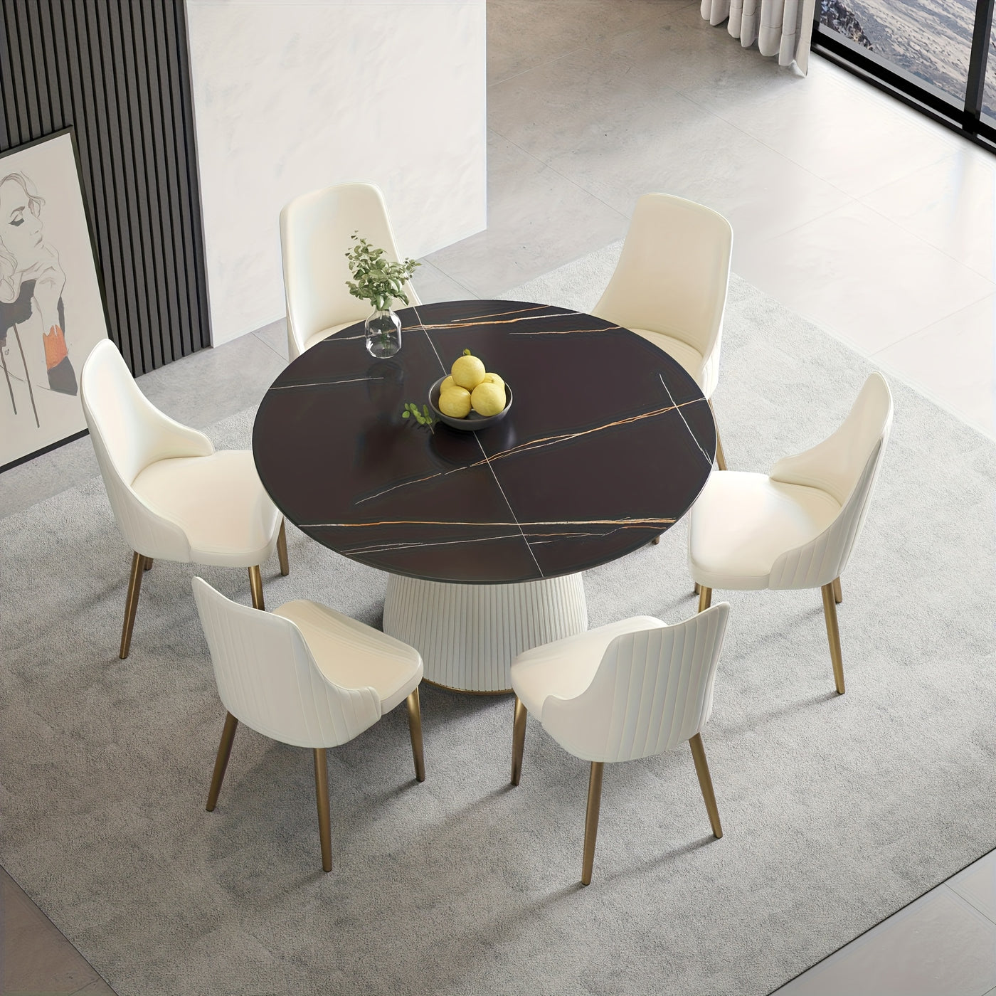 Round Dining Table For 6-8(Dining Table Only, Chairs Not Included), Marble Dining Room Table Round Kitchen Table, Glossy Sintered Stone Tabletop With Solid Metal Base, Circle Dining Table For Kitchen Dining Room Restaurant