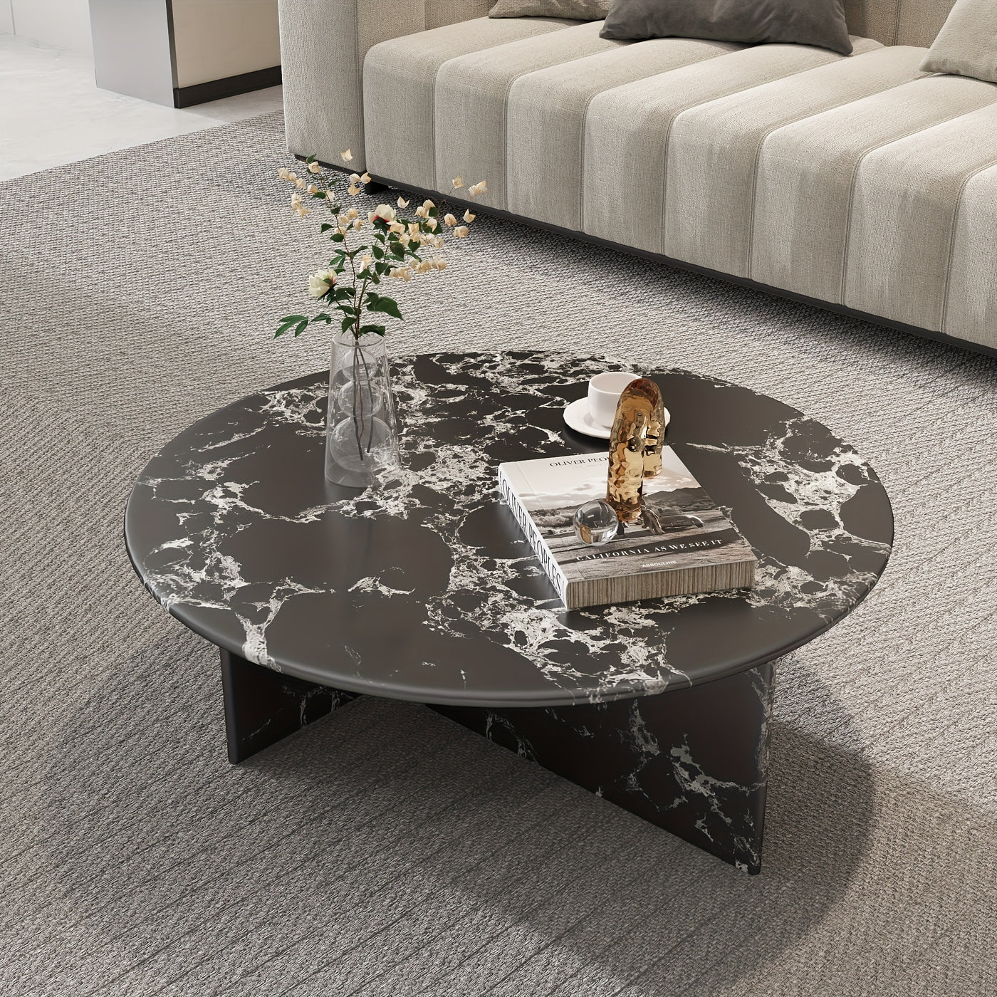 33.5" Marble Round Coffee Tables For Living Room, Center Table For Waiting Area, Space-Saving Coffee Table For Living Room