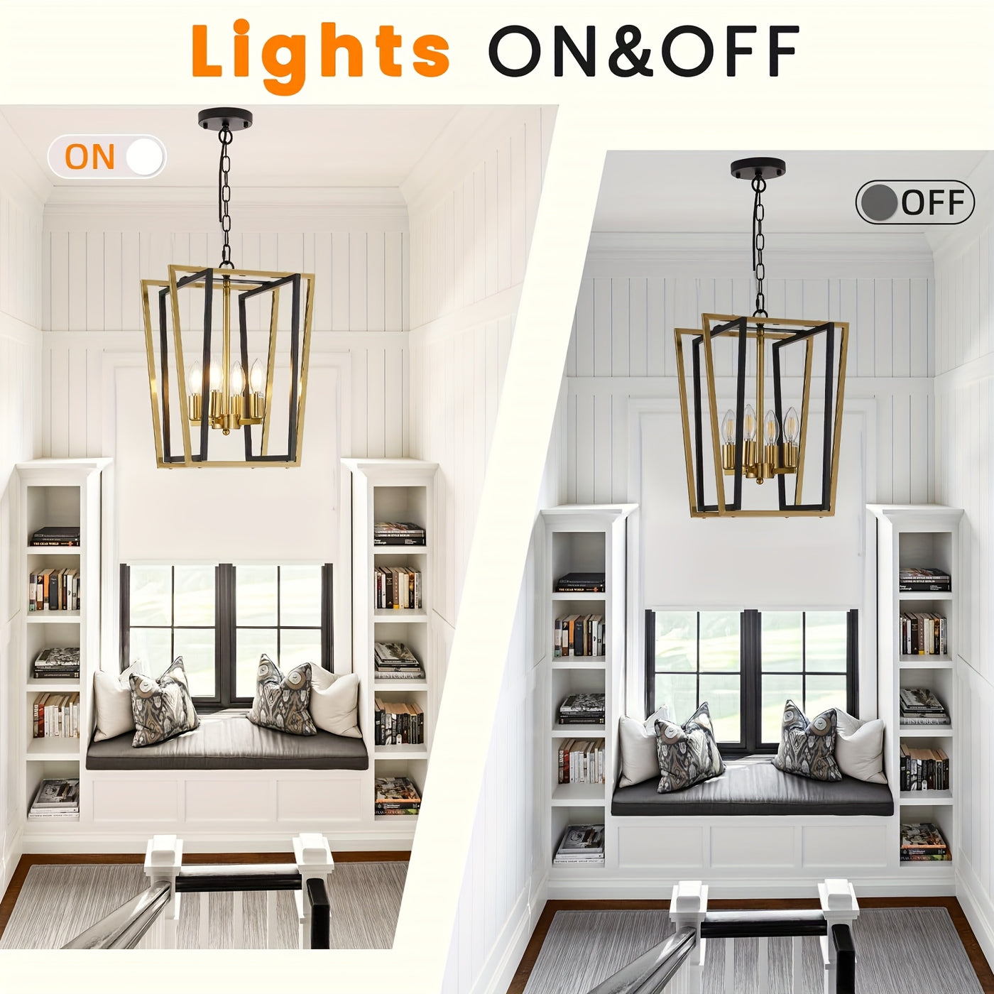 4-Light Adjustable Height Chandelier, Modern Farmhouse Geometric Metal Pendant Light Fixture with Polished Golden Finish & Rust-Resistant Powder Coating, E12 Base for Kitchen Island, Entryway, Foyer, Dining Room, Chandeliers