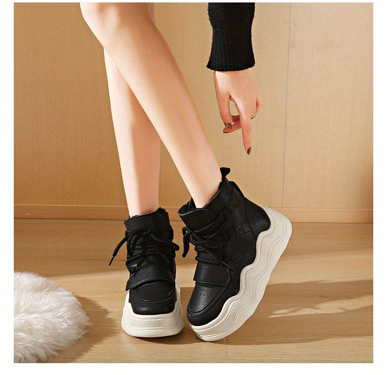 2024 Winter Fleece-Lined White Sneakers - Korean Style Insulated Women'S High-Top Lace-Up Shoes, Thick-Soled Casual & Sports Shoes with PU Upper, Rubber Sole, and Breathable Fabric Lining for Cold Weather Comfort, Casual Foot