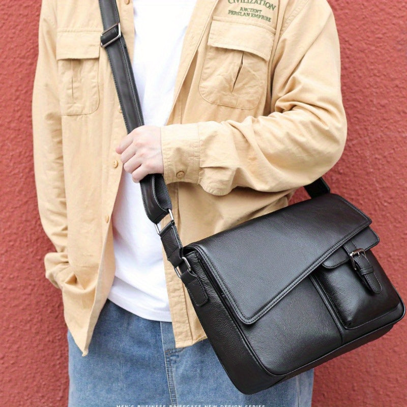 Genuine Leather Unisex Crossbody Messenger Bag - Sleek Minimalist Design with Adjustable Strap, Multiple Compartments & Metal Hardware, Black for Men & Women, Casual & Professional Use, Versatile Travel Purse | Korean Fashion