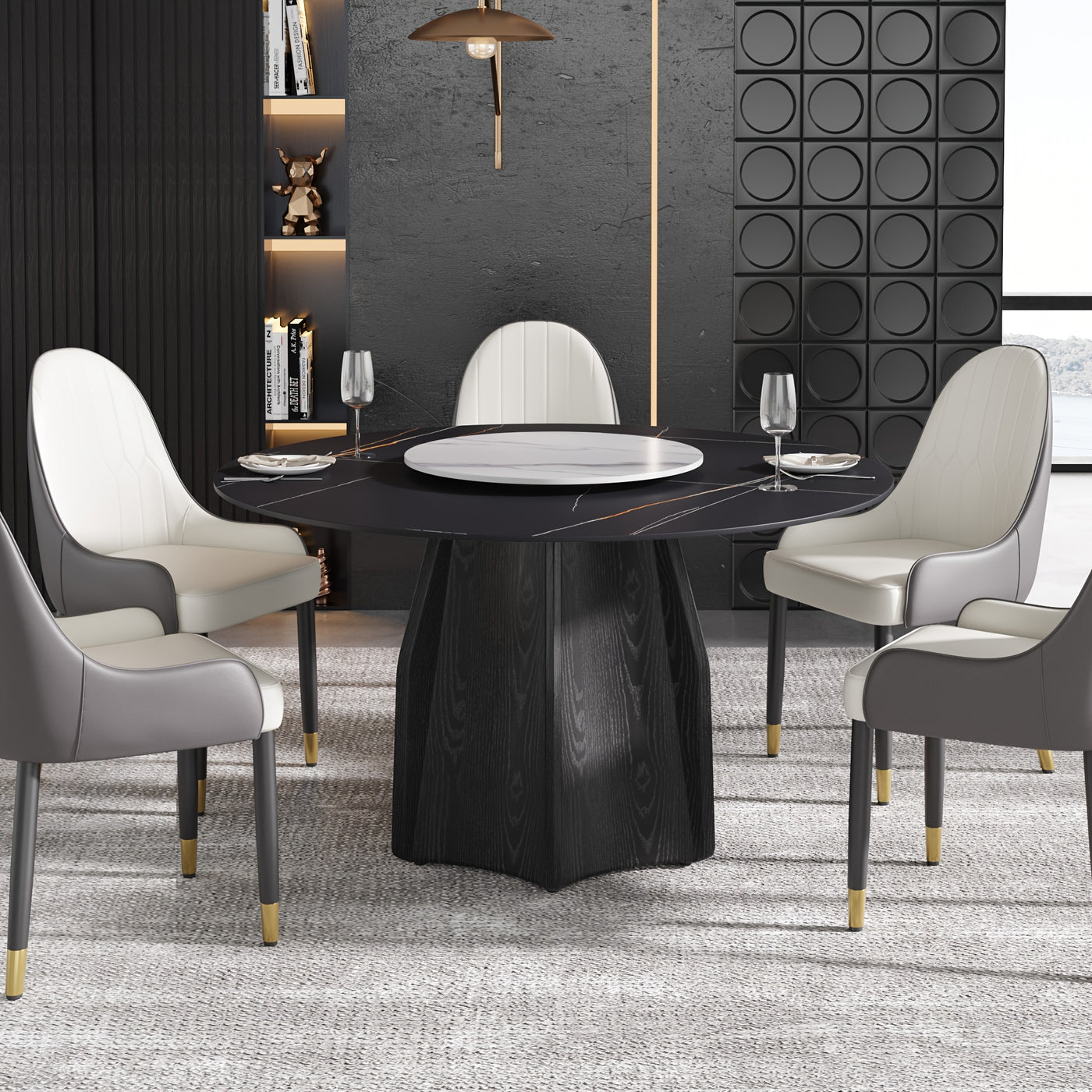 Modern Black Marble Round Dining Table with Lazy Susan - Glossy Sintered Stone Finish, Unique Metal Legs, Seats 4-6, Perfect for Kitchen or Dining Room, Elegant and Functional Design