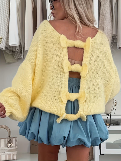 Casual Crew Neck Cardigan with Back Bow Detail