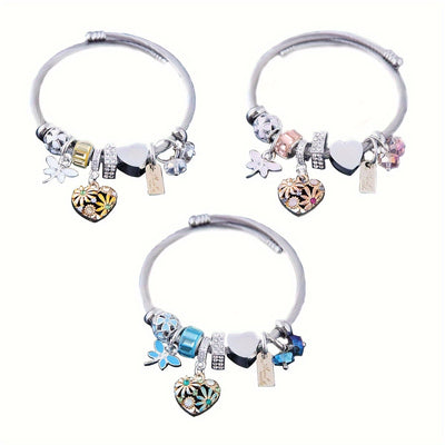 Elegant & Cute Daisy Heart Dragonfly Charm Bracelet, Korean Style Versatile BFF Bangle, Stainless Steel Cable Wristband, Choose Your Color