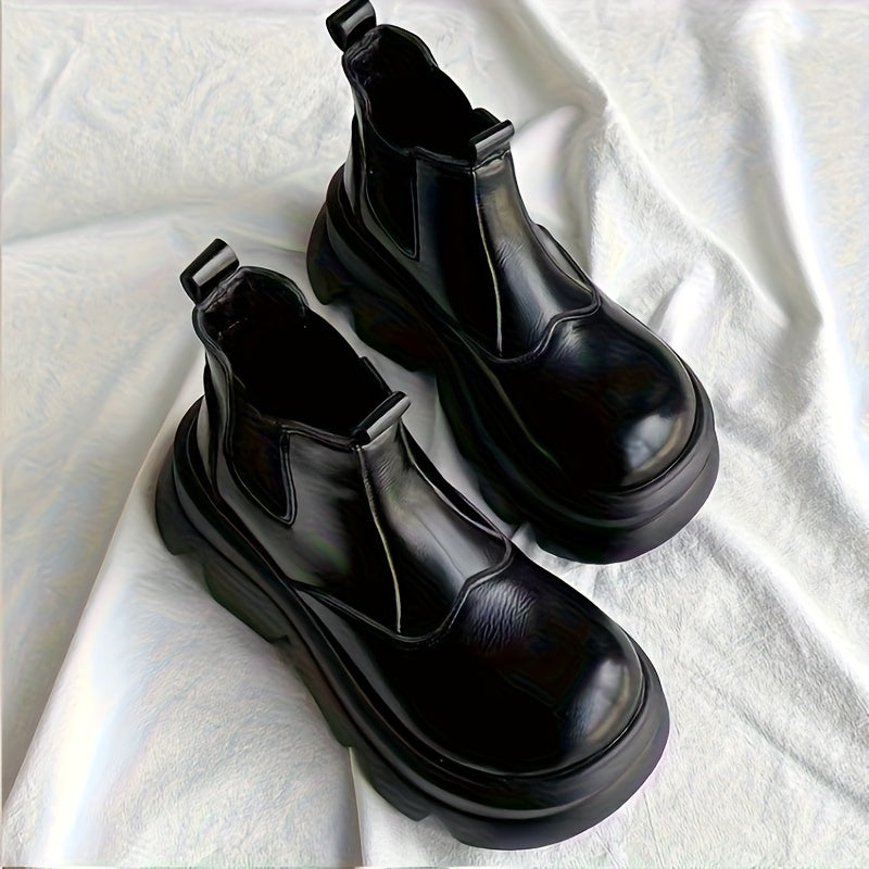 Women's Slip-On Chunky Platform Ankle Boots - Round Toe Winter Casual Shoes with Faux Cover & Fabric Upper, Thick Rubber Sole for Warmth & Traction, Versatile for Everyday & Semi-Formal Outfits, Durable Traction Footwear