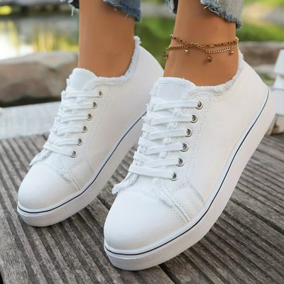 Women's Canvas Sneakers 2024, Korean Style, Casual Flat Lace-Up, Solid Color, All-Season, Round Toe, EVA Sole, Fabric Lining, Hand Wash Only, No Print, Versatile Footwear