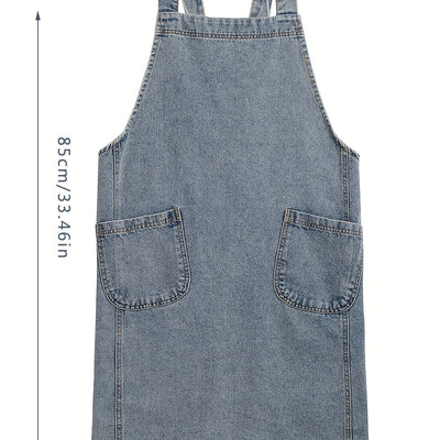 1pc Japanese Korean Style Pure Cotton Canvas Denim Apron, Washable Kitchen Bib, Workwear, Kitchen Apron With Front Pockets, Kitchen Supplies