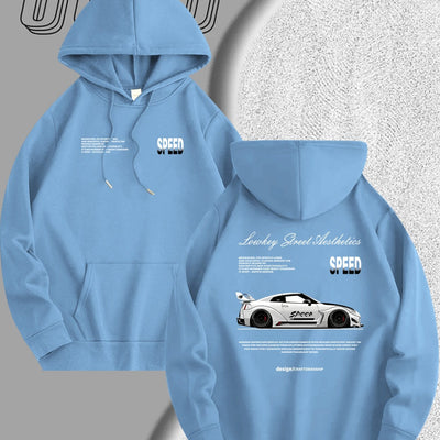 Men's Light Blue Racing Car Graphic Hooded Sweatshirt - Casual Long Sleeve Pullover with Speed & Speed Limit Print, Soft Hood, Machine Washable, Automotive Enthusiast Apparel