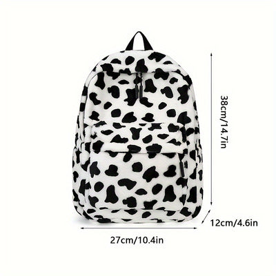 Women'S Cow Print Fleece Backpack, Korean Style Casual Shoulder Bag, Polyester Lining, Adjustable Straps, Zip Closure, Lightweight, Random Print, Versatile for School & Outings
