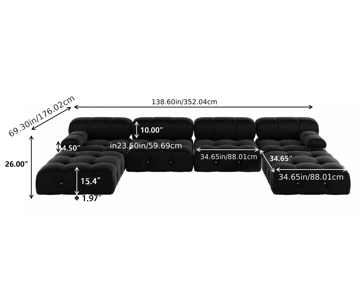 U-Shaped Minimalist Velvet Sofas, 138.6" Convertible Modular Sectional Couch, Modern Comfy Sectional Couches with 2 Chaise Ottomans for Living Room Office Apartment