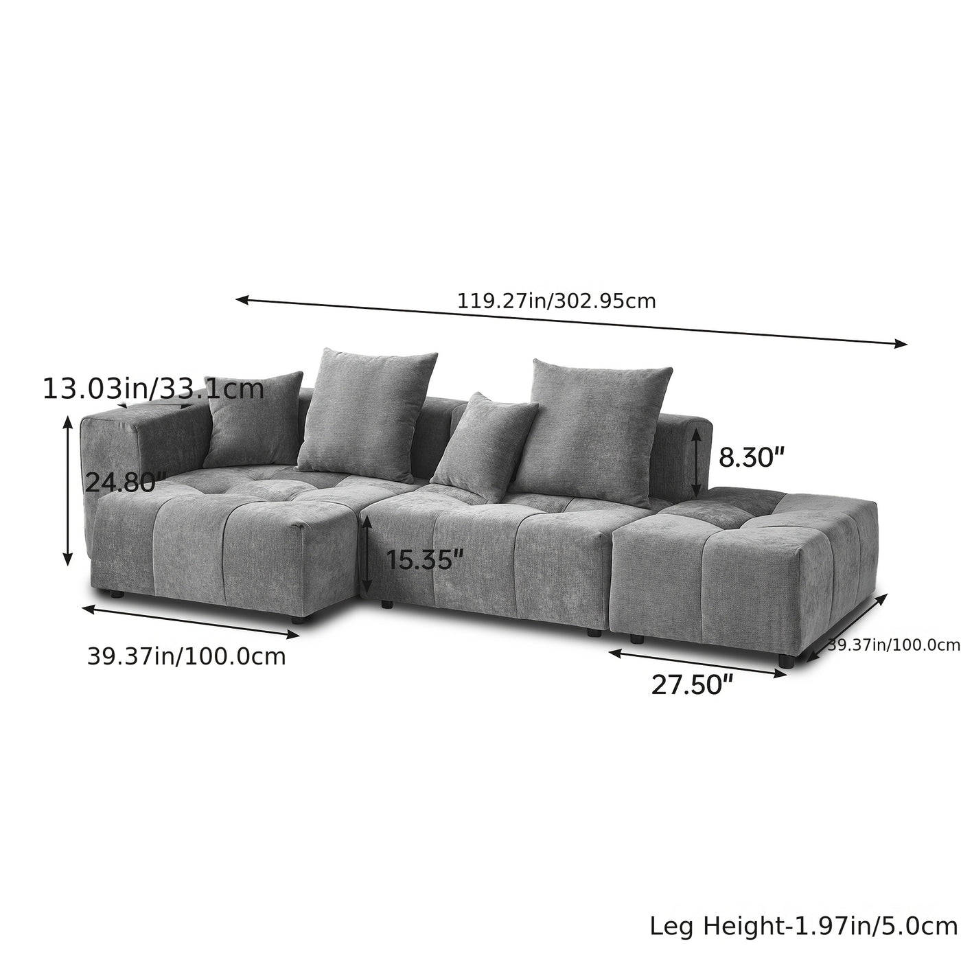 119" Cloud Couch Modular Sectional Sofa with Ottoman, Linen Deep Seat with Pillows Convertible Sofafor Living Room, Bedroom And Apartment, Living Room Couch, Sofa Sectional for Living Room, Couch for Bedroom, Foldable Sofa, C