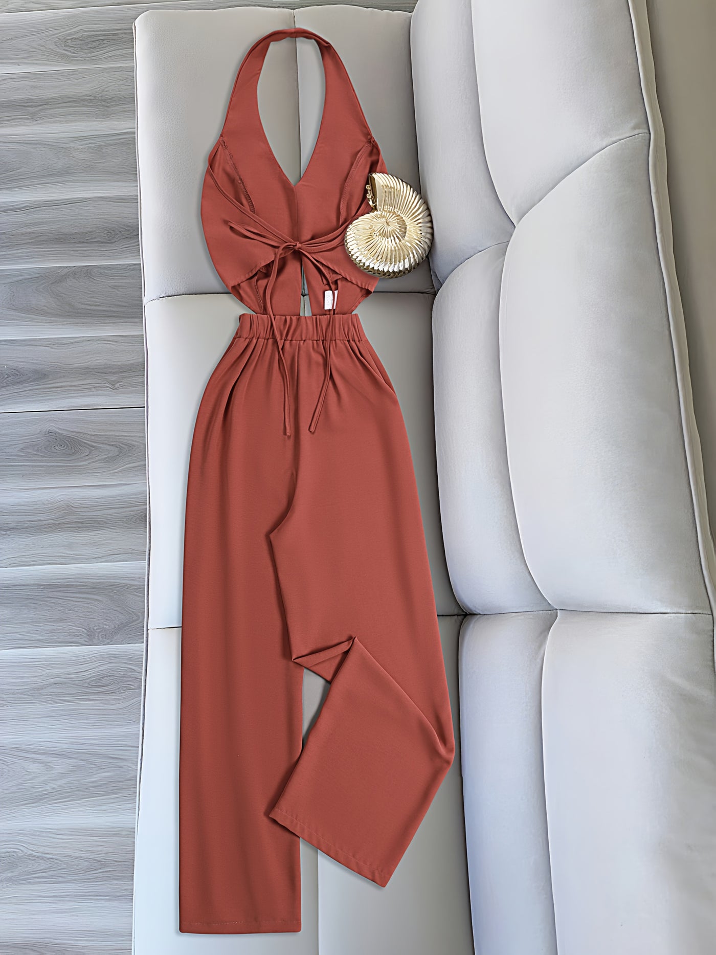 Solid Color Halter Neck Crop Top + Wide Leg Pants 2pcs Set