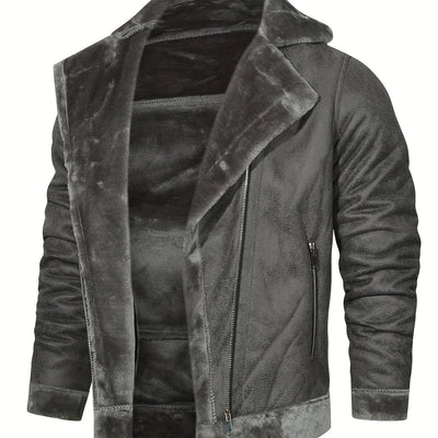 Men's Slim Fit Jacket with Faux Fur Trim - Casual Brown Zip-Up Coat, Long Sleeve, Polyester Blend for Casual Attire