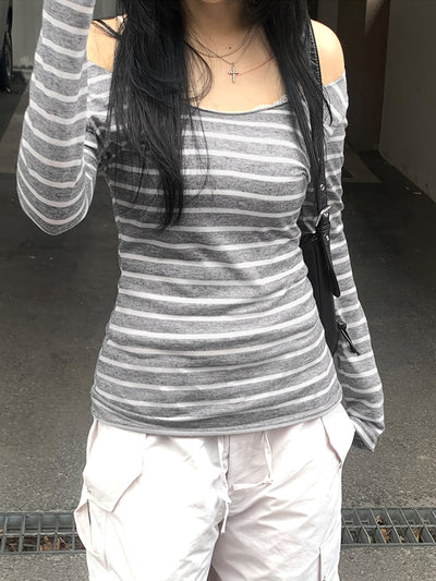 Japanese and Korean Special Targeted Elegant Basic Large Round Neck Slimming Long Sleeve Striped Top