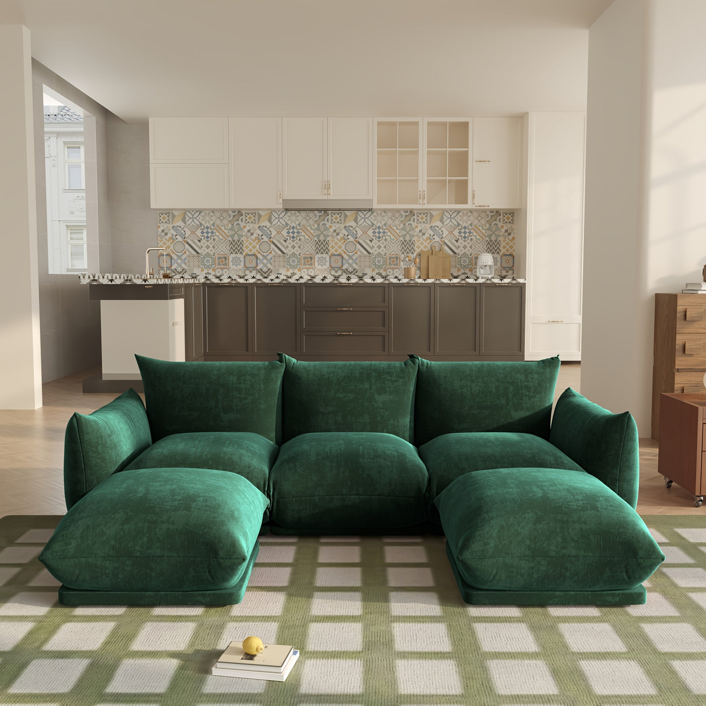 U-Shaped Sectional Sofa, Chenille Minimalist Modular Sofas Couches, 5-Seater Sectionals Couch With Wide Reversible Chaise Ottoman For Living Room Bedroom Office Apartment