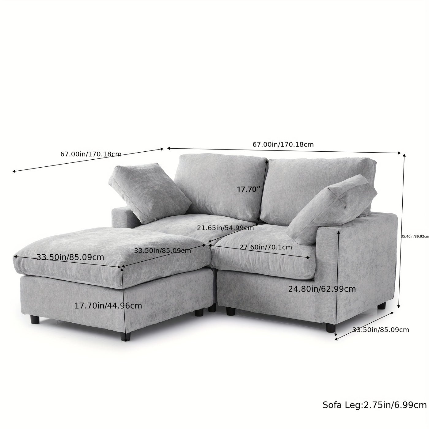 67" Modern Convertible Modular Sectional Sofa with Chaise Ottoman - Black Cloud Design, Washable Fabric & Linen-like Cover, Hardwood Frame, Plush Cushion Backrest, Minimalist L-Shaped or Straight Configuration for Living Room