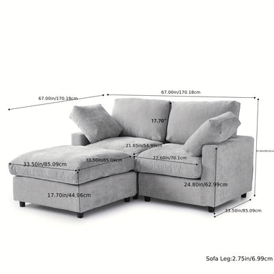 67" Modern Convertible Modular Sectional Sofa with Chaise Ottoman - Black Cloud Design, Washable Fabric & Linen-like Cover, Hardwood Frame, Plush Cushion Backrest, Minimalist L-Shaped or Straight Configuration for Living Room