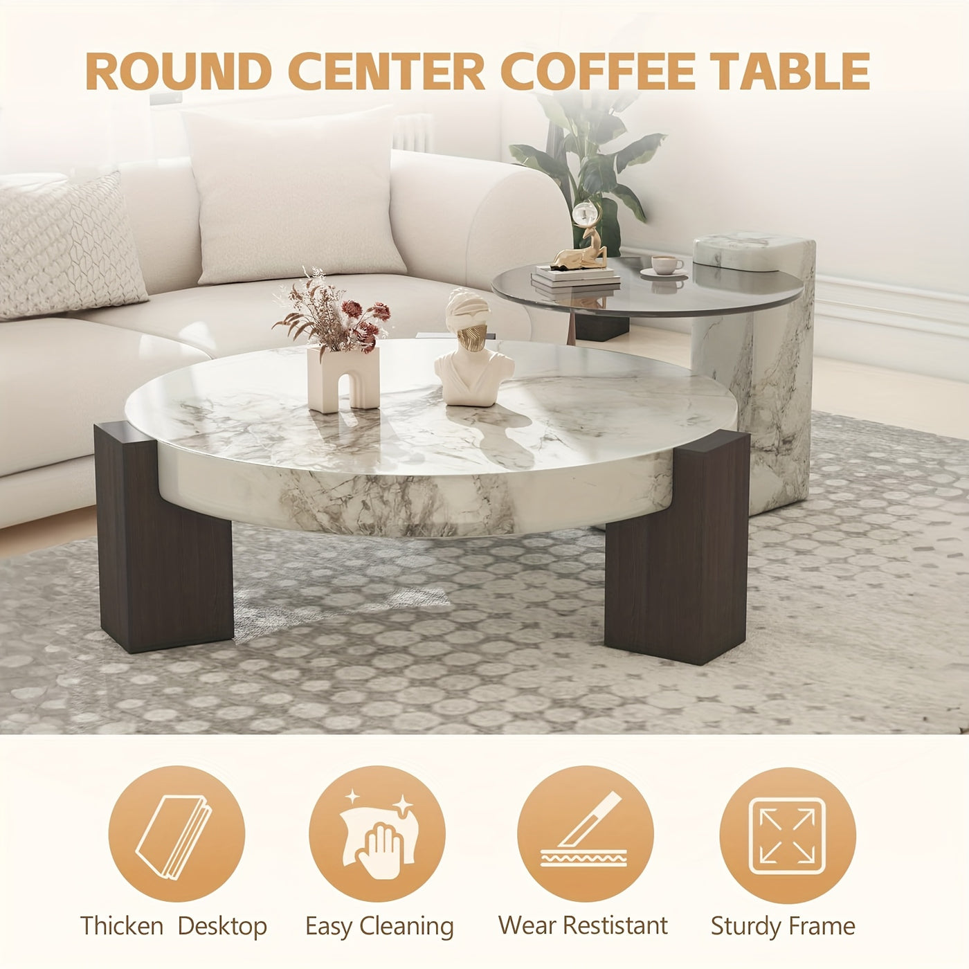 Modern Round Nesting Coffee Tables Set Of 2, Coffee Tables with Faux Marble Texture Surface And C-Shaped Side Table, Nesting Coffee Tables for Living Room/Apartment, Nesting Coffee Table Set, Coffee Table for Living Room, Cof