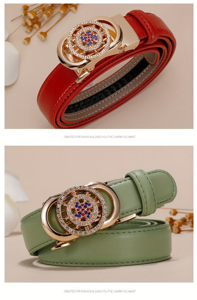 Ladies Leather Belt Leather Automatic Button Leather Fashion Korean Version Of The New Green Jeans Belt With White Decoration