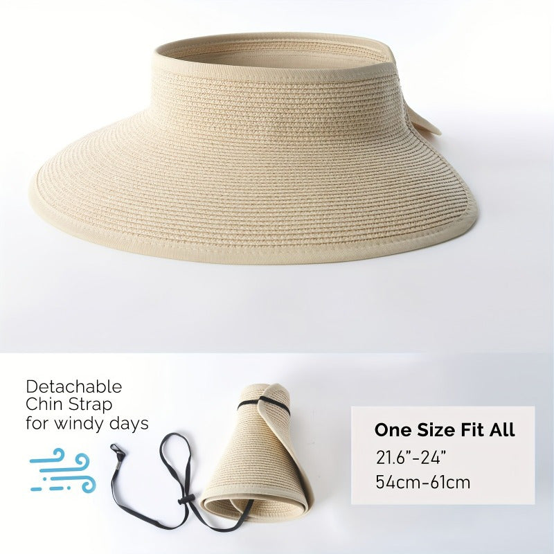 Women'S Summer Sun Hat with Open Top - Wide Brim, Elastic, Breathable Fabric, UV Protection, Foldable & Portable, Korean Fashion, No Feathers, Weave Craftsmanship
