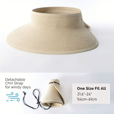 Women'S Summer Sun Hat with Open Top - Wide Brim, Elastic, Breathable Fabric, UV Protection, Foldable & Portable, Korean Fashion, No Feathers, Weave Craftsmanship