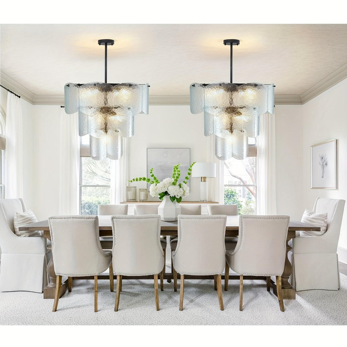 24" Modern Golden Chandelier with 8 Light Bulbs - Adjustable Round Glass Pendant for Dining Room, Kitchen Island, or Farmhouse Decor, Rustic Lighting Fixture with Polished Metal Finish, E12 Base, Compatible with LED/CFL Bulbs