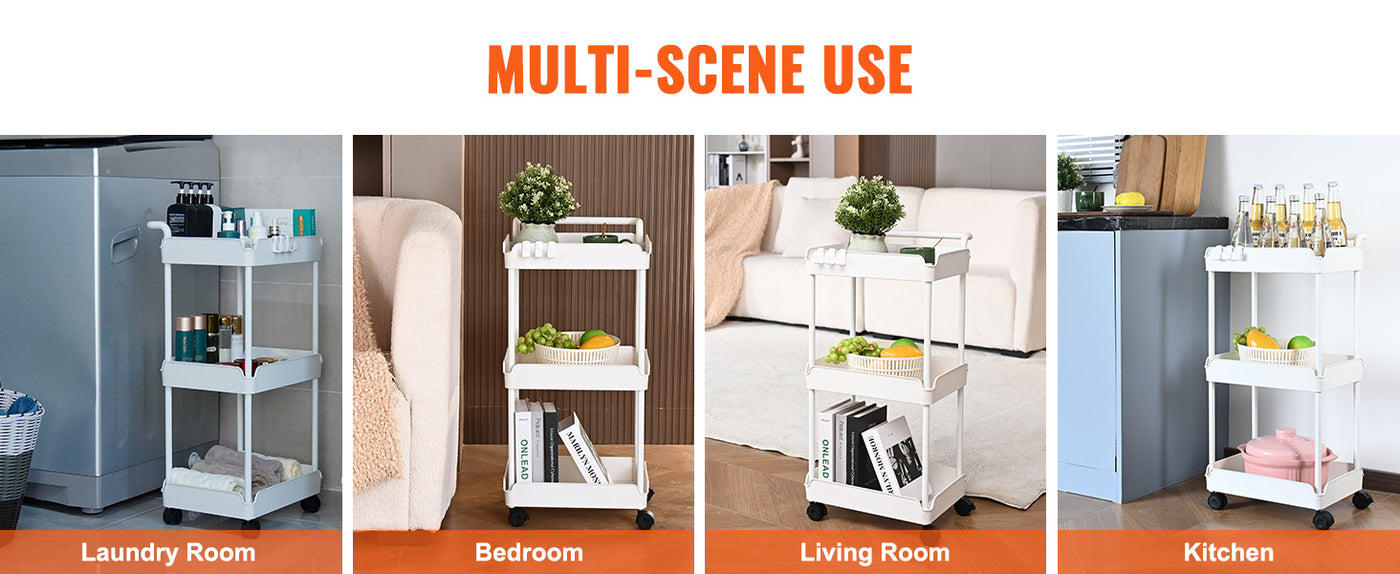 3-Tier Rolling Utility Cart Kitchen Cart with Lockable Wheels Multi-Functional Storage Trolley with Handle Movable